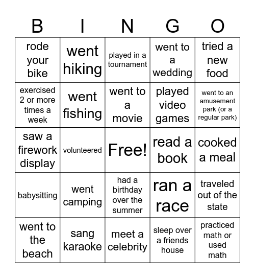 What did you do over the Summer? Bingo Card