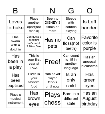 A Tennis Rally Bingo Card