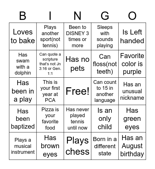 A Tennis Rally Bingo Card