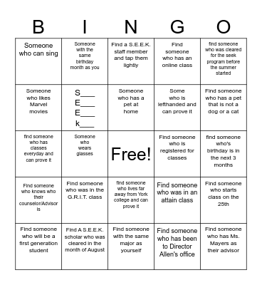 S.E.E.K. York Bingo Card