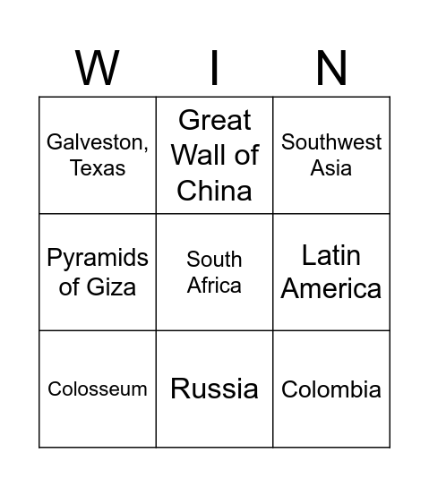 Brain Break Geography Bingo Card