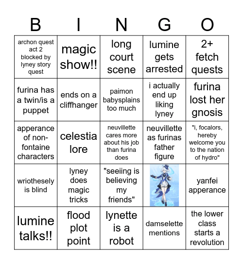 fontaine archon quest acts 1 and 2 Bingo Card