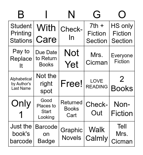 Middle of the Hill Library Orientation Bingo Card