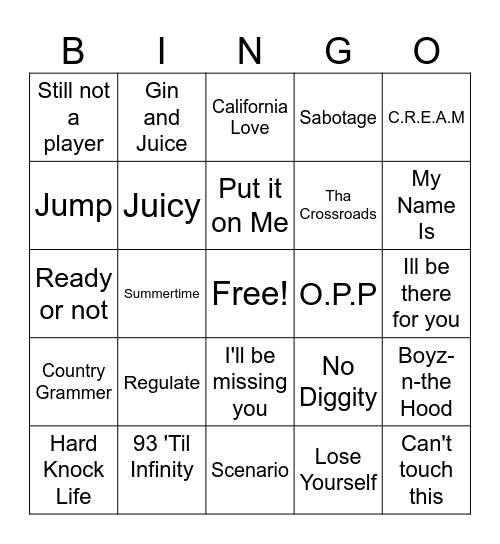 Hip Hop Bingo Card