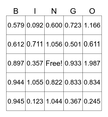 Decimals and Fractions Bingo Card