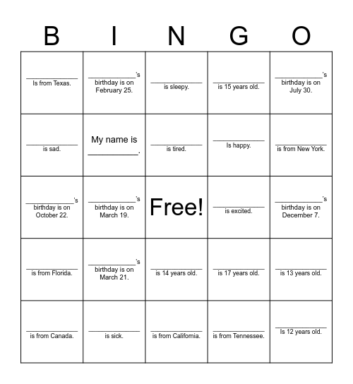 Conversation Bingo Card