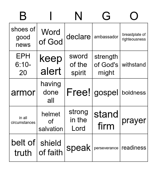 Armor of God Bingo Card