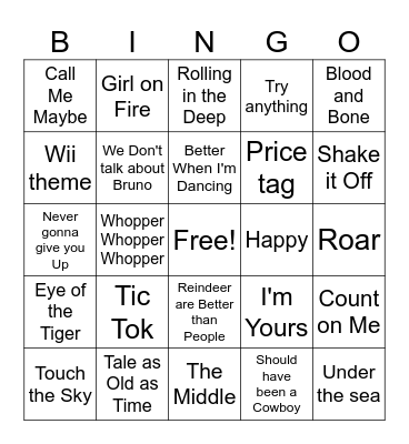 Pop Songs Bingo Card