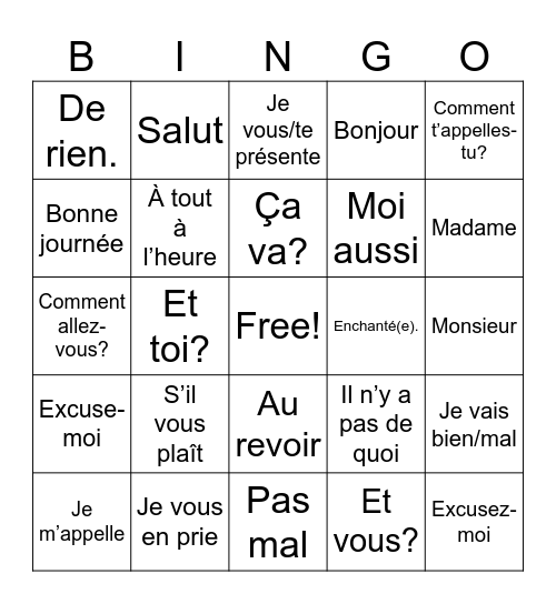 French Greetings D'Accord 1a Bingo Card