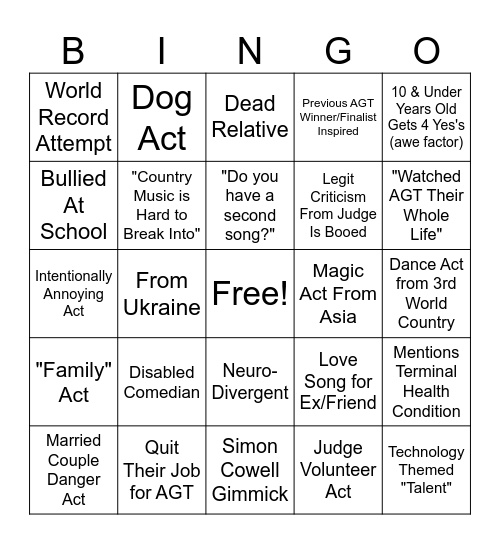 AGT Bingo (Auditions) Bingo Card