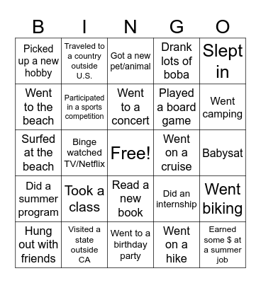 Summer Bingo Card