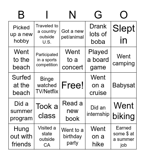 Summer Bingo Card