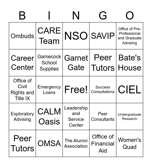 Campus Resources BINGO! Bingo Card