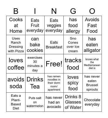 Nutrition BINGO Card