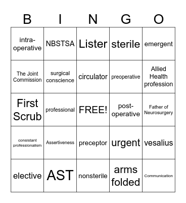 Orientation to Surgical Technology Bingo Card