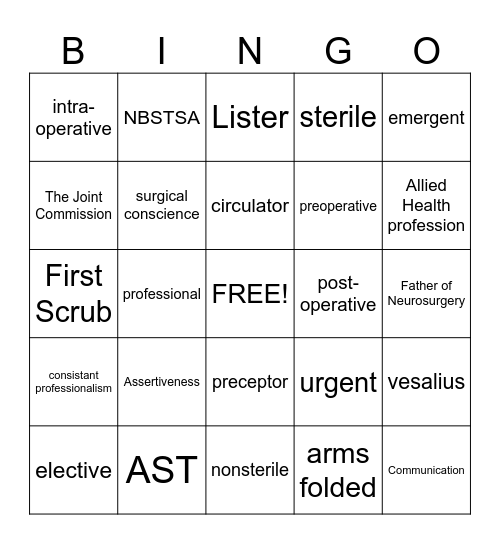 Orientation to Surgical Technology Bingo Card