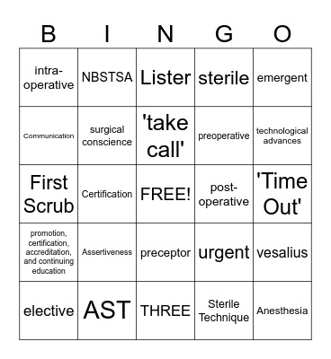 Orientation to Surgical Technology Bingo Card