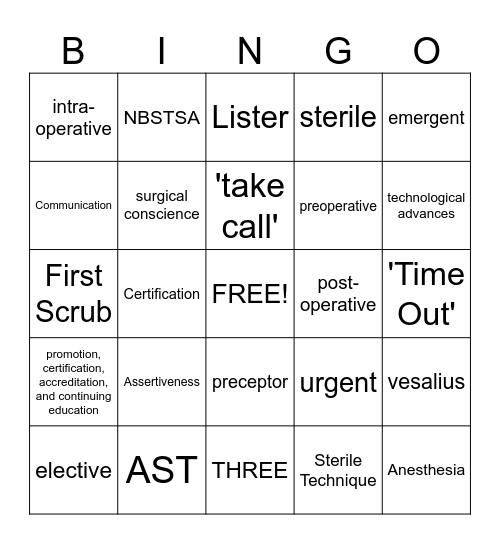 Orientation to Surgical Technology Bingo Card