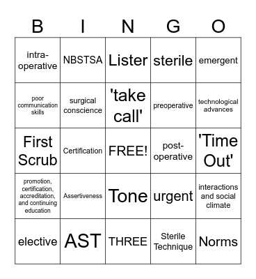 Orientation to Surgical Technology Bingo Card