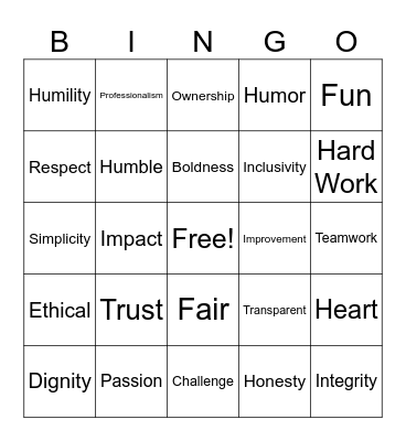Values Bingo Card