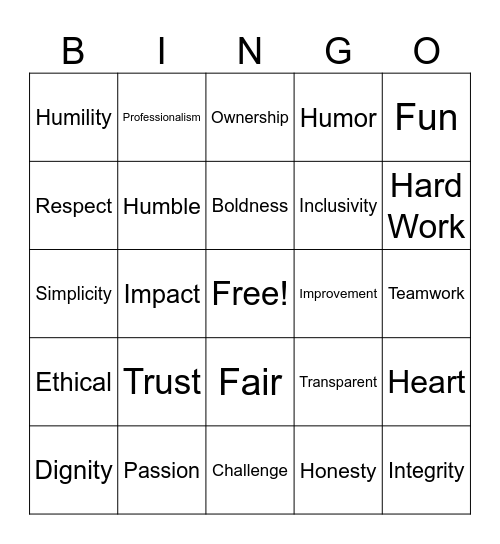 Values Bingo Card