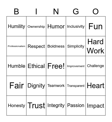 Values Bingo Card