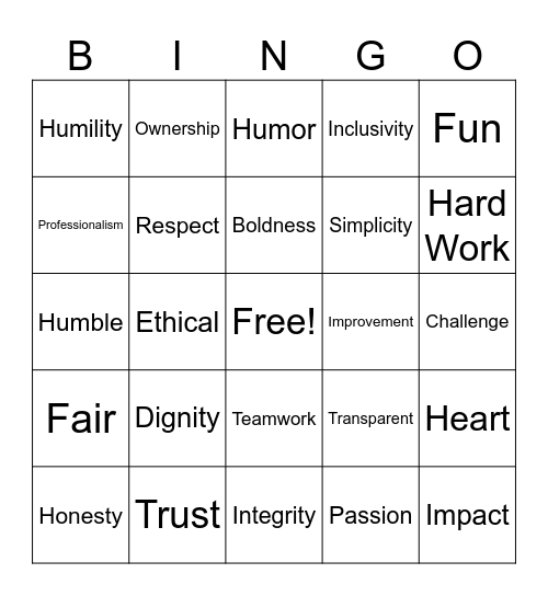 Values Bingo Card