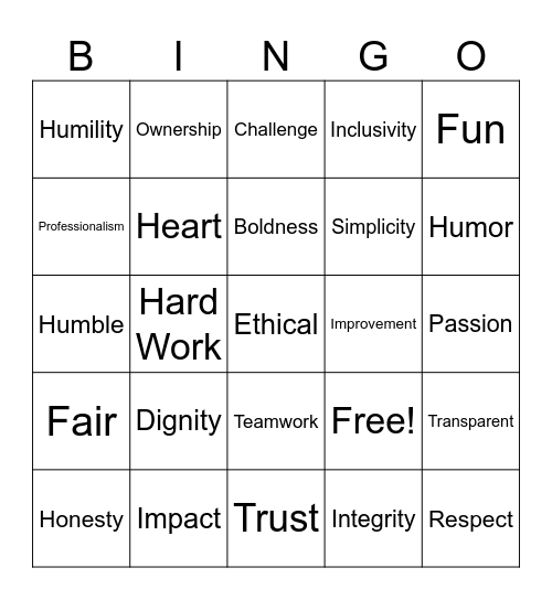 Values Bingo Card