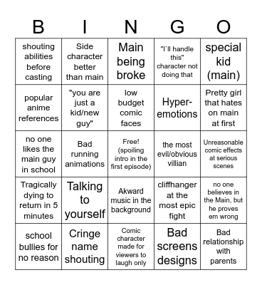 Bad Anime Bingo Card