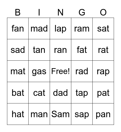 Short a Bingo Card