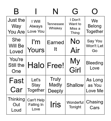 Love Songs Bingo Card