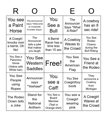 Frontier Days Rodeo Bingo Card