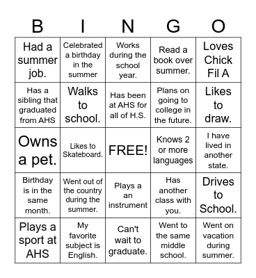 First Day of School Bingo Card