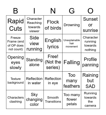 Anime Opening Clichés Bingo Card