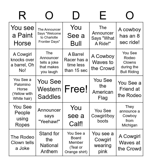 Frontier Days Rodeo Bingo Card