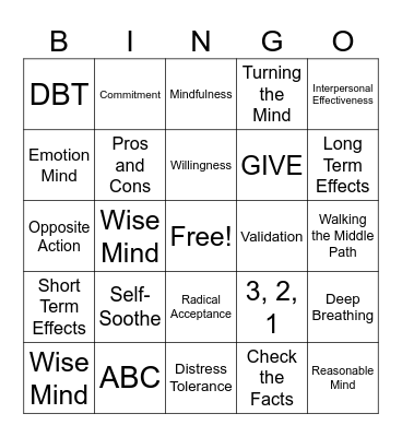 DBT Skills Bingo! Bingo Card