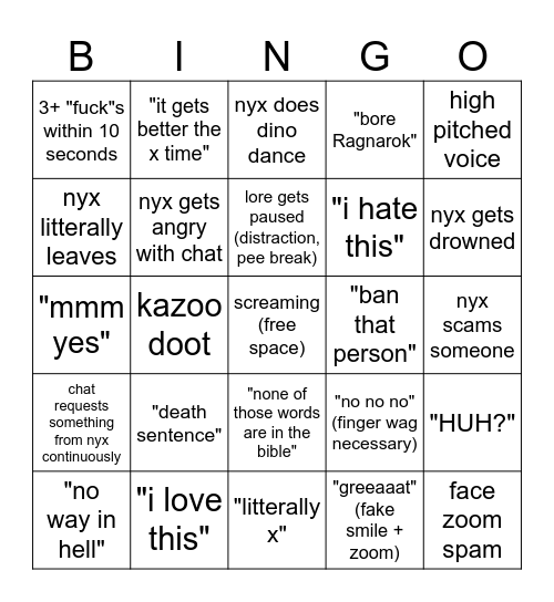 nyxified bingo Card