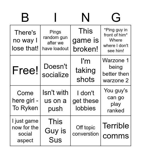 Night of Warzone Bingo Card