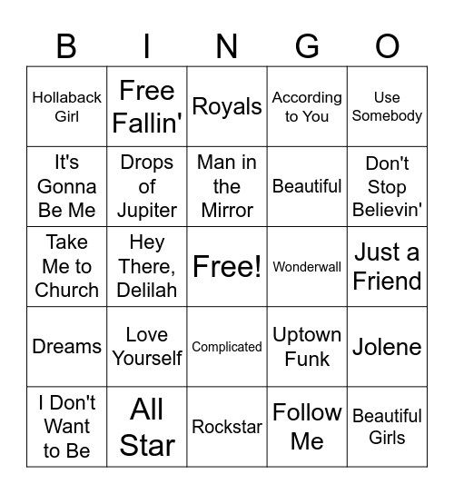Shower Songs Bingo Card