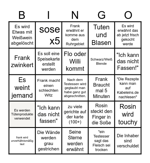 Rosins Restaurant Bingo Card