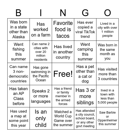 AP HuG Intro Bingo Card