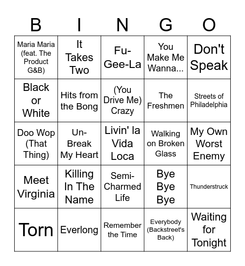 90s Hits Bingo Card