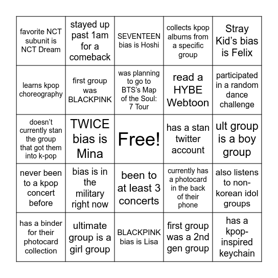 K-Pop Ice Breaker! Bingo Card