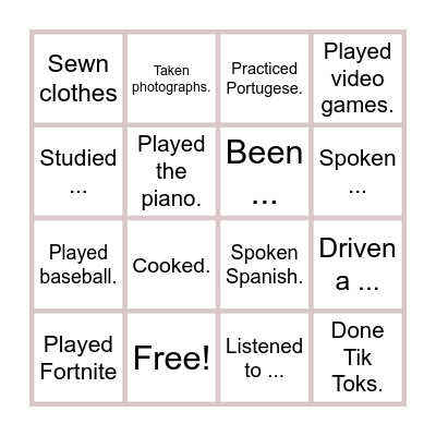 Activities Bingo Card