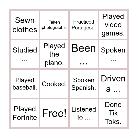 Activities Bingo Card