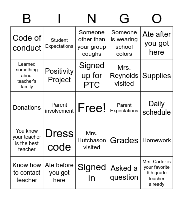 Back to School Night Bingo Card