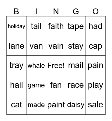 short a long a Bingo Card