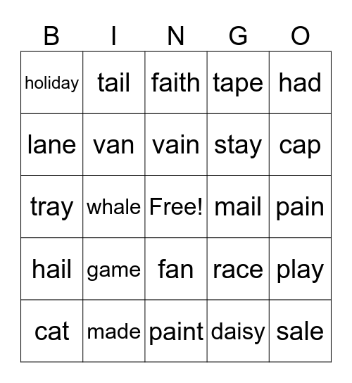 short a long a Bingo Card