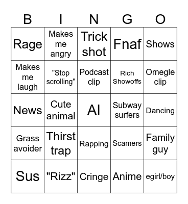 Tik tok Bingo Card
