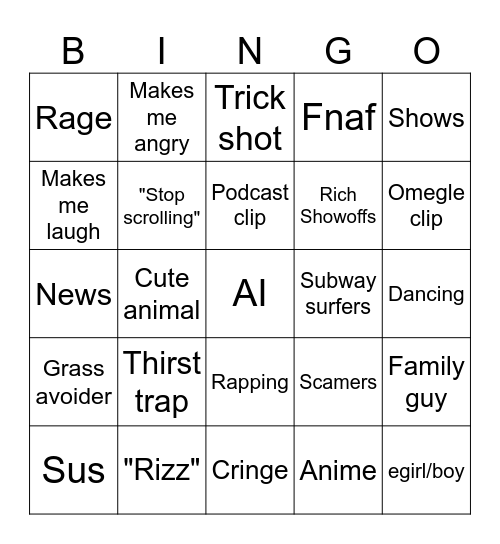 Tik tok Bingo Card